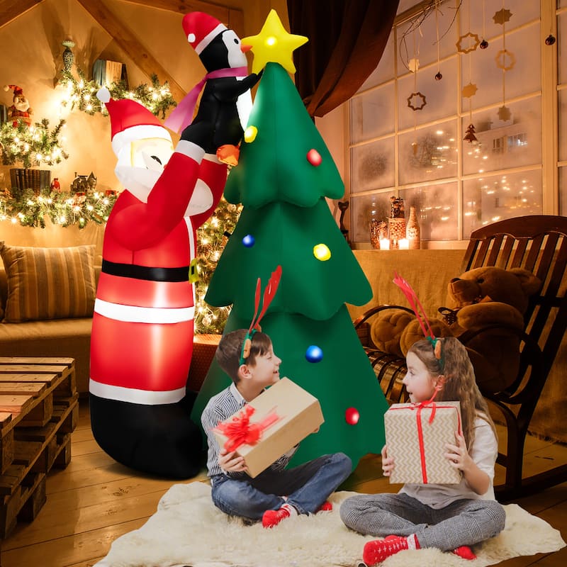 Gymax 6FT Christmas Inflatable Tree Santa Claus & Penguin Decor w/ Air - See Details
