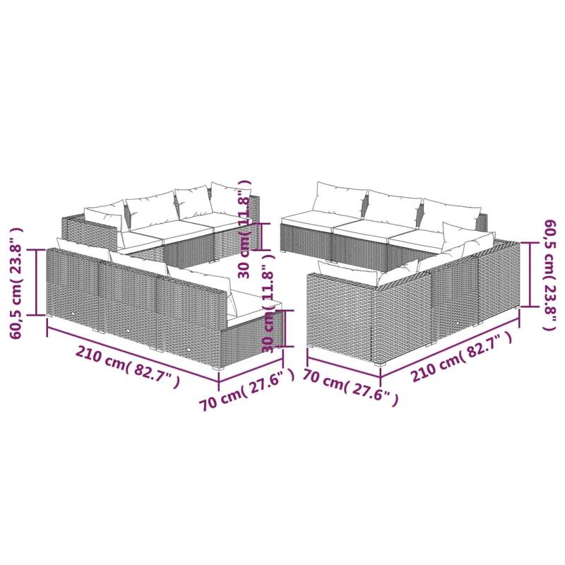 vidaXL Patio Lounge Set Outdoor Sectional Sofa Set Table Garden Poly Rattan - 27.6" x 27.6" x 24"