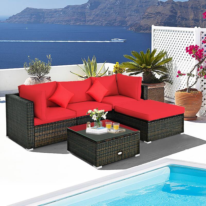 5 PCS Patio Rattan Furniture Set Outdoor Rattan Sofa and Table Set