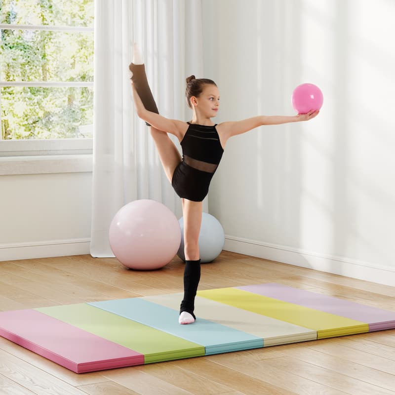 Multicolor Folding Gymnastics Mat Tri Fold Exercise Mat with Handles EPE Foam PU Leather - 71" x 47" x 1.6"