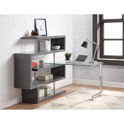 55''L Raceloma Clear Glass Desktop Swivel Writing Computer Desk with 4 Shelves and 2 Wheels, High Gloss&Chrome Finish