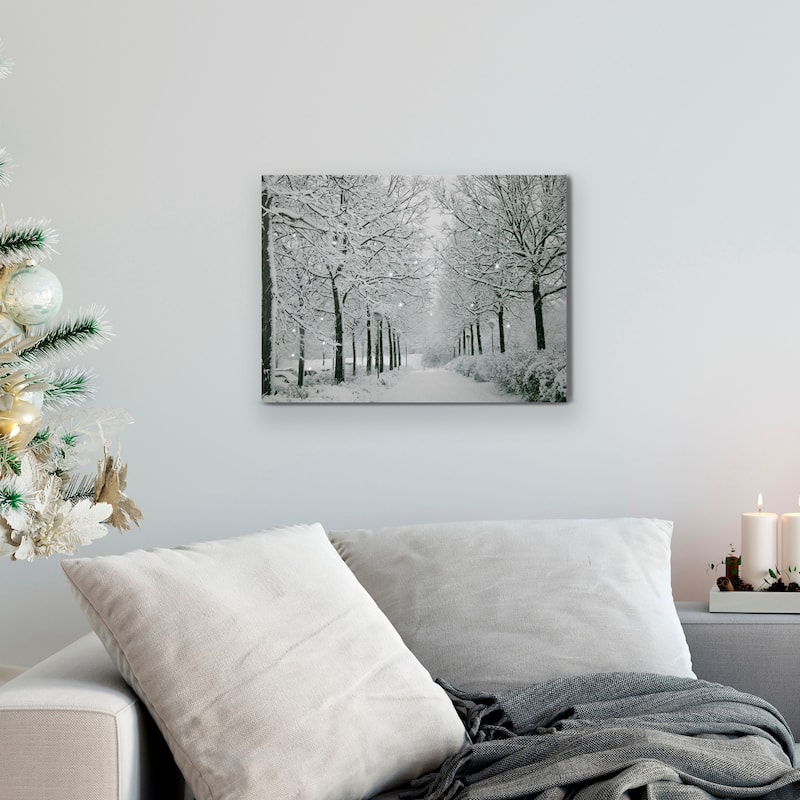 LED Lighted Fiber Optic Twinkling Snow Covered Tree Scene Canvas Wall Art 15.75" x 11.75"