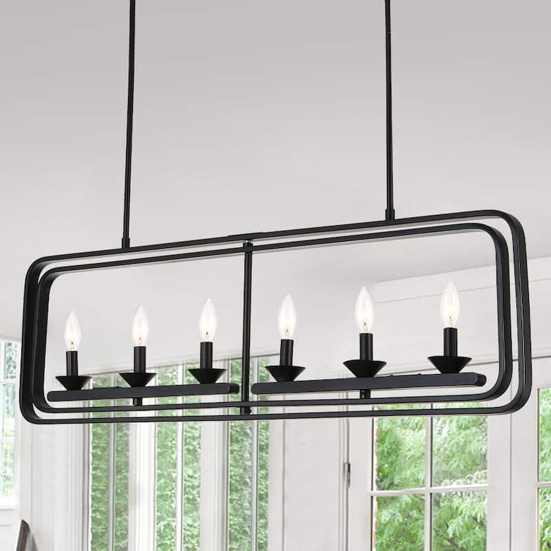 CurveCurio 42" Modern Matte Black Flush Mount Adjustable Dining Light, 6-Lights Fixture with Two Dwonrod for Dining Room