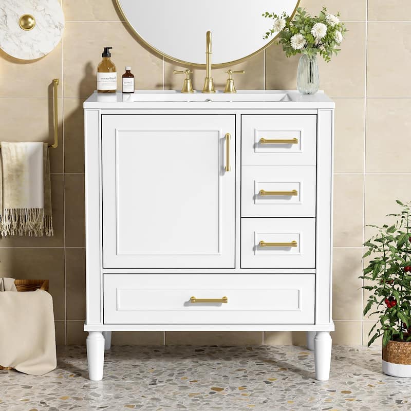 30" Freestanding Single Sink Storage Cabinet Bathroom Vanity with Gold Handles, Groove Decoration and Overflow Drain Protectio - White
