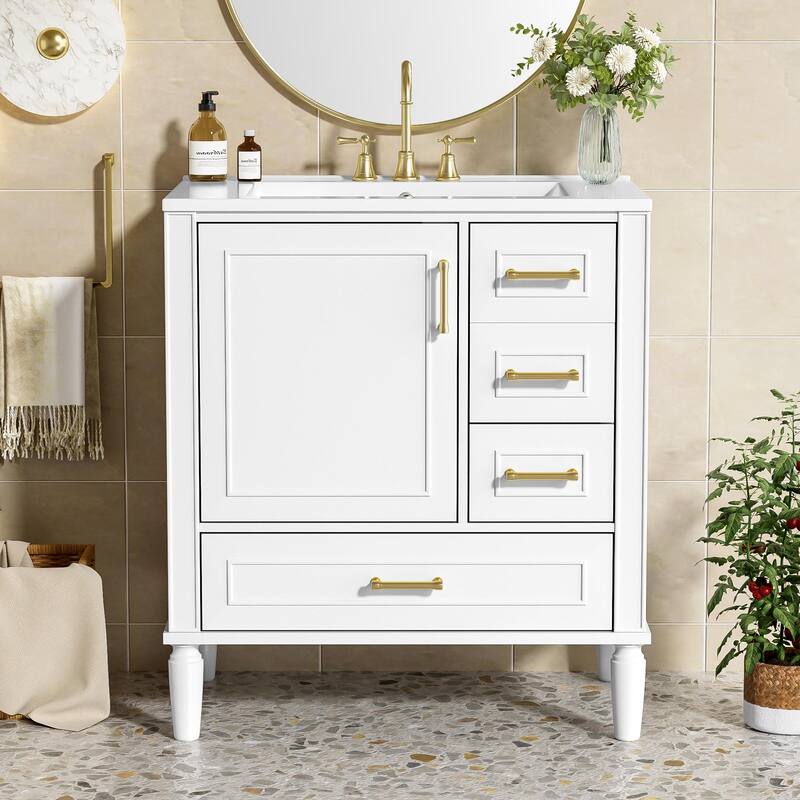 Solid Wood Bathroom Vanity with Ceramic Sink, Bathroom Storage Cabinet with 3 Drawers, Soft Close Doors & Built-in Shelf