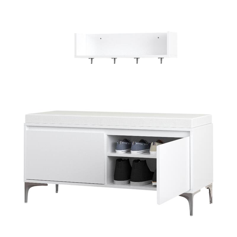Wall-Mounted Entryway Shelf with Hooks and Storage Bench Set, Modern White Shoe Cabinet with Cushion and Closed Storage