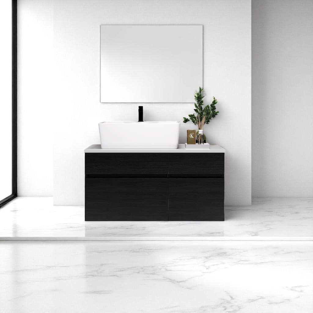 31.5" Wall-Mounted Bathroom Vanity with Vessel Ceramic Sink, Soft-Close Drawer & Doors,Engineered Stone Top(Faucet Not Included)