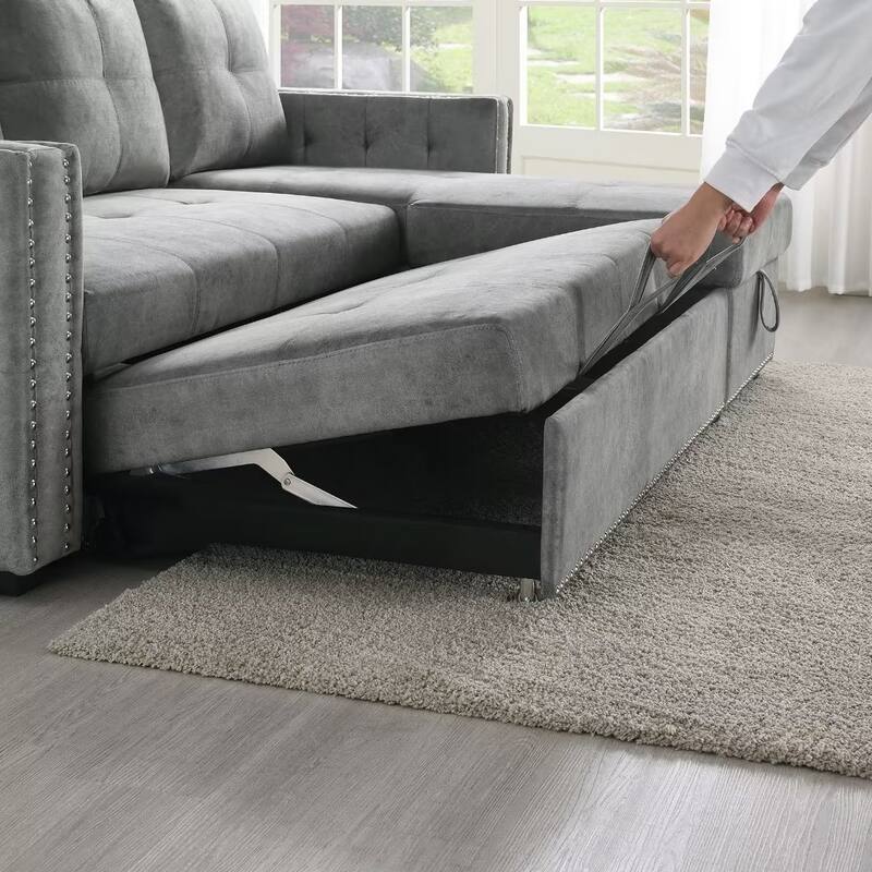 Morden Fort Reversible L-Shaped Sofa Bed with Storage - Velvet Upholstery, Button Tufting, and Nailhead Trim