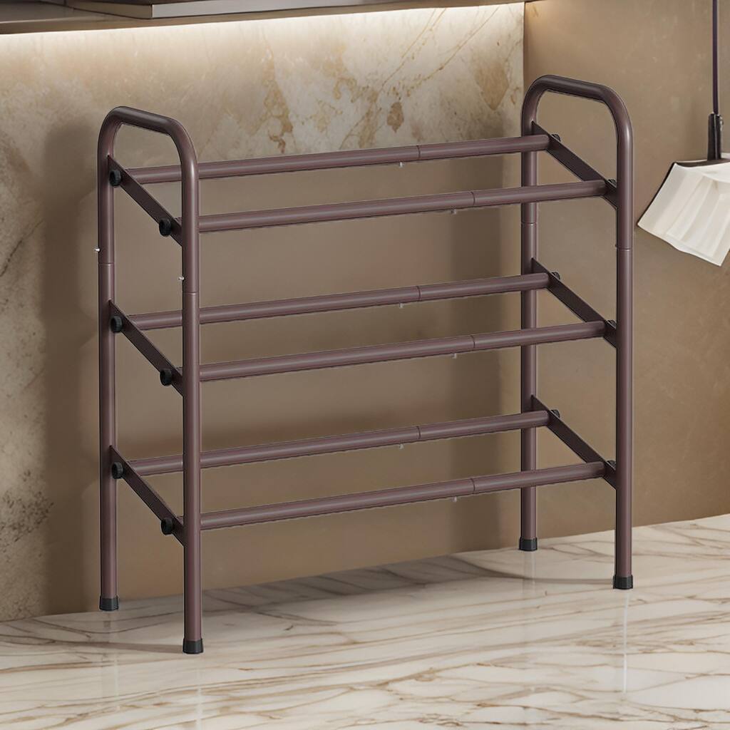 Uovi 23-33 Inch Expandable Shoe Rack, 3 Shelves, Curved Top, Bronze Metal