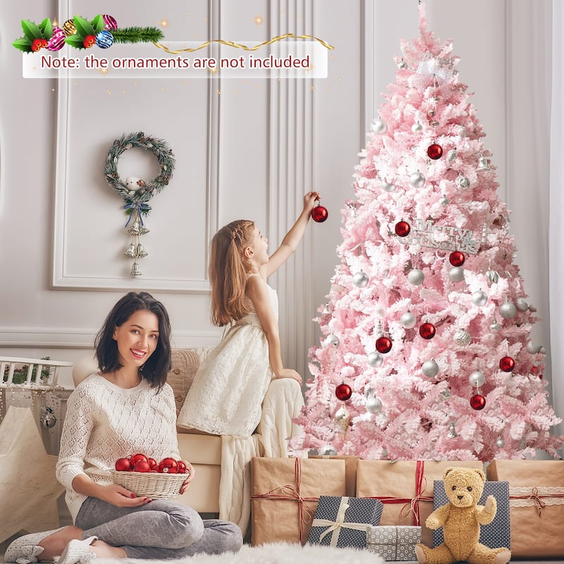 Gymax 7 FT Pre-Lit Artificial Christmas Tree Lighted Pink Snow Flocked