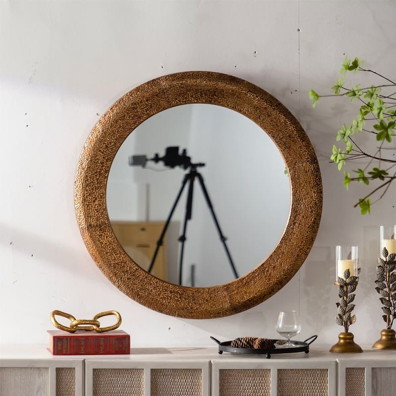 31.3" Hammered Gold Round Wall Mirror Iron Frame & MDF Back Decorative Mirror