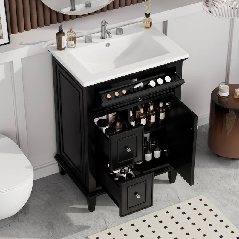 GDFStudio - Sophia 24-Inch Bathroom Vanity with Ceramic Sink, Flip Drawer and Adjustable Storage