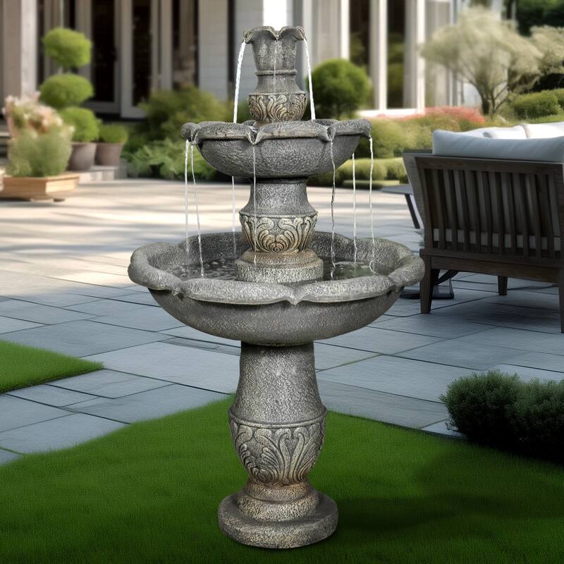 48.4-Inch 2Tier Outdoor Water Fountain with Submersible Pump for Patio - Grey - Floor - Stone