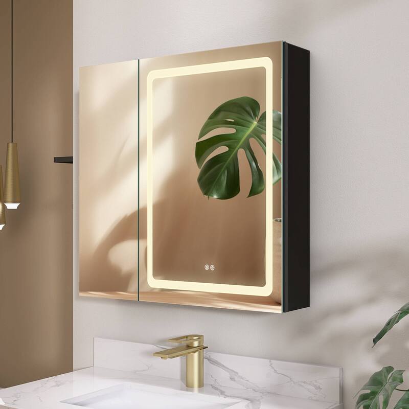 ZEAFIVE LED Black Bathroom Medicine Cabinet Surface Mount Defog Medicine Cabinet 3 Lights Dimmable