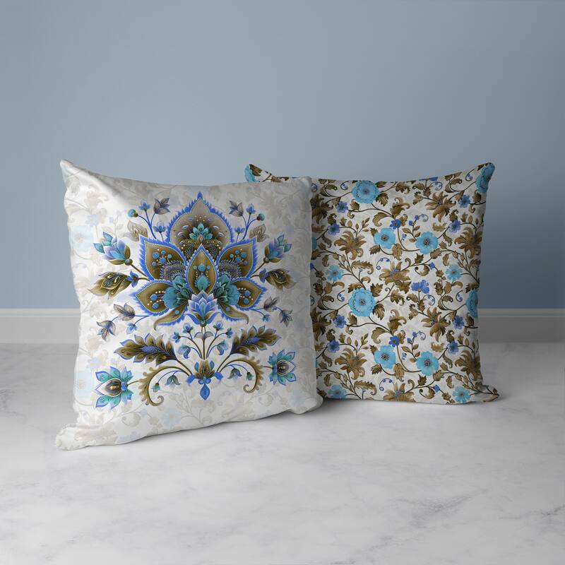 Paisley Petal Melody Faux Suede Reversible Throw Pillow Blue and Copper