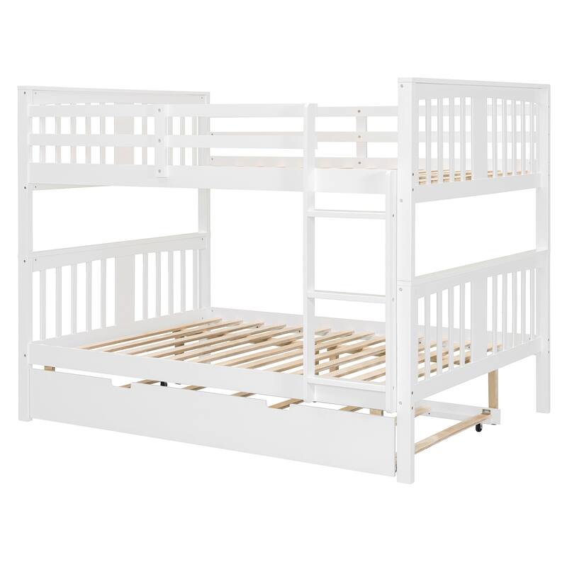 Full over Full Bunk Bed with Twin Trundle and Ladder, White Finish, Space-Saving Design