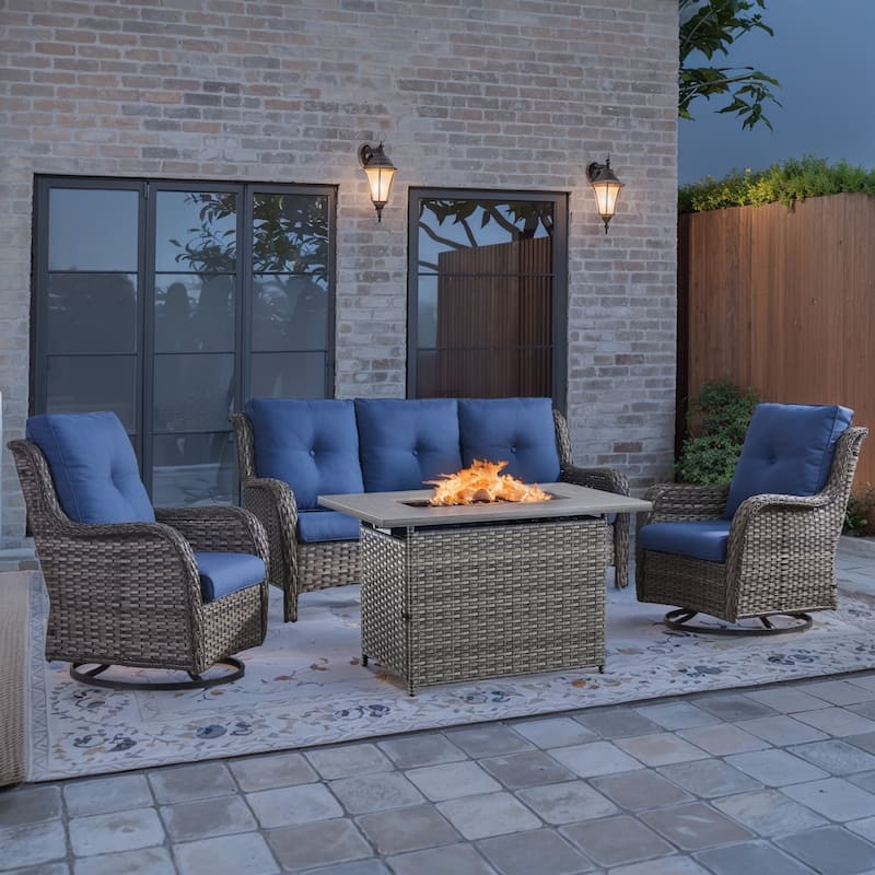 Outdoor Furniture Sofa Chairs with Fire Pit Table - Grey - Blue - Grey
