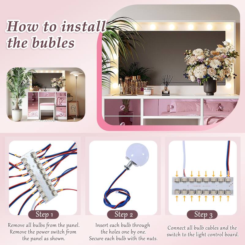 Makeup Vanity Desk with Mirror and Light, Vanity Table & Stool Set, Dressing Table with Pink Finish Drawers & Charging Station