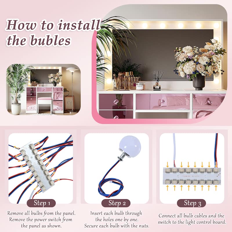 Pink Makeup Vanity Desk with Hollywood Mirror, Glass Top Dressing Table Set with Stool & Power Outlets