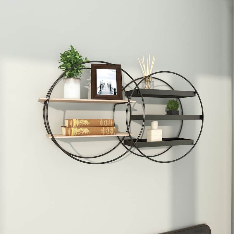 Metal Overlapping Circle 5 Level Geometric Wall Shelf with Wood Accents - Gold or Black