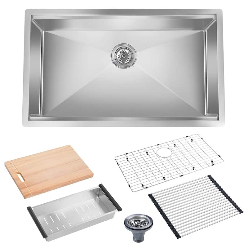 32" Undermount Kitchen Sink, Black/Silver Stainless Steel Workstation with Wooden Board & Accessories