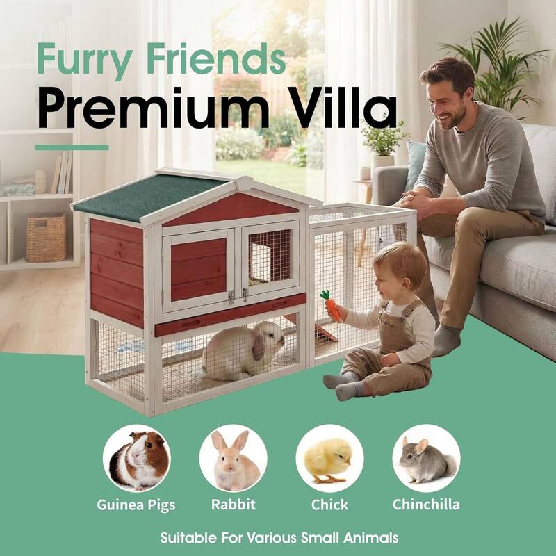 60" Outdoor Indoor Large Rabbit Hutch for Rabbits, Chickens, Ducks