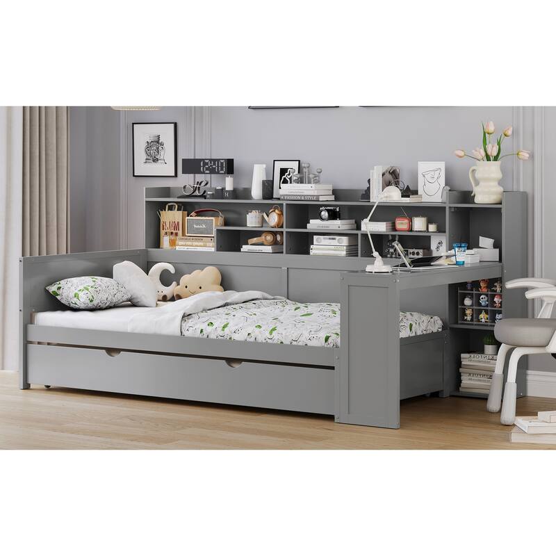 Wooden Twin Size Daybed with Storage Shelves, Multi-functional Bed with Twin Size Trundle Bed and Study Desk, Gray