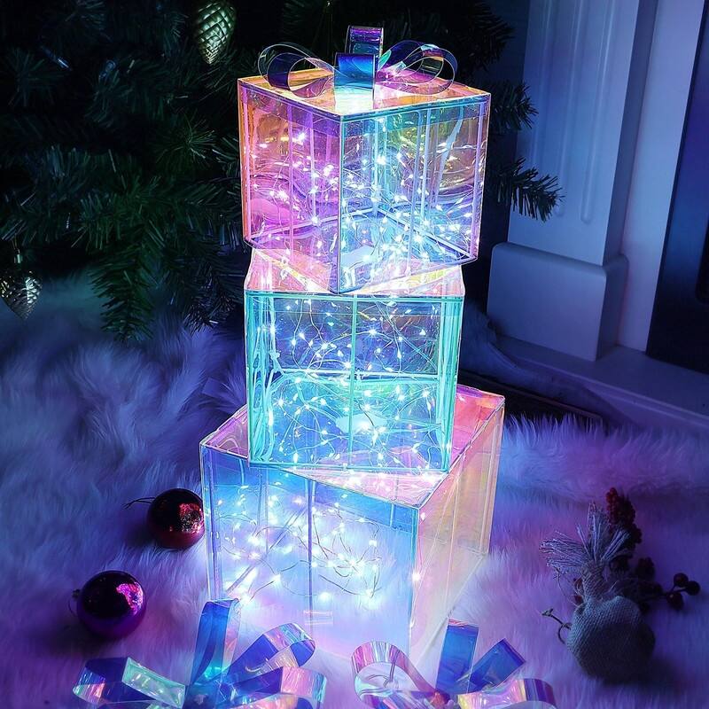 Christmas Lighted Gift Boxes - Set of 3 Iridescent Present Boxes for Indoor Holiday Décor