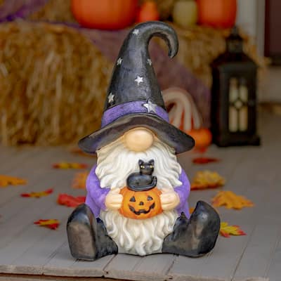 Halloween Gnome Witch Holding Jack-O-Lantern and Kitten