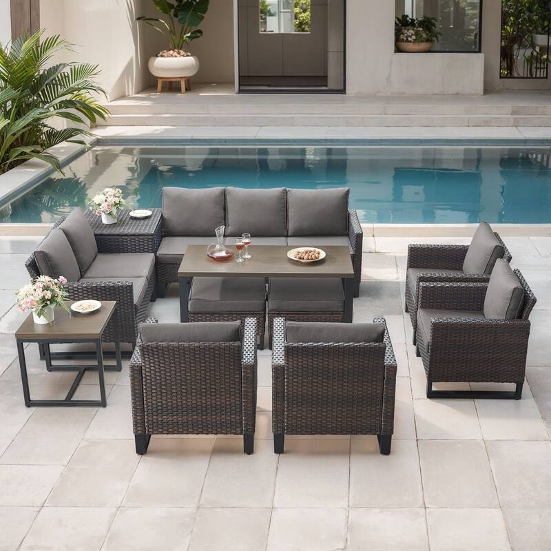 Gymojoy All-Weather Wicker Outdoor Patio Conversation Set Seating Group With Lounge Chairs And 52" Table - Brown Wicker / Gray Cusion - 11-Piece