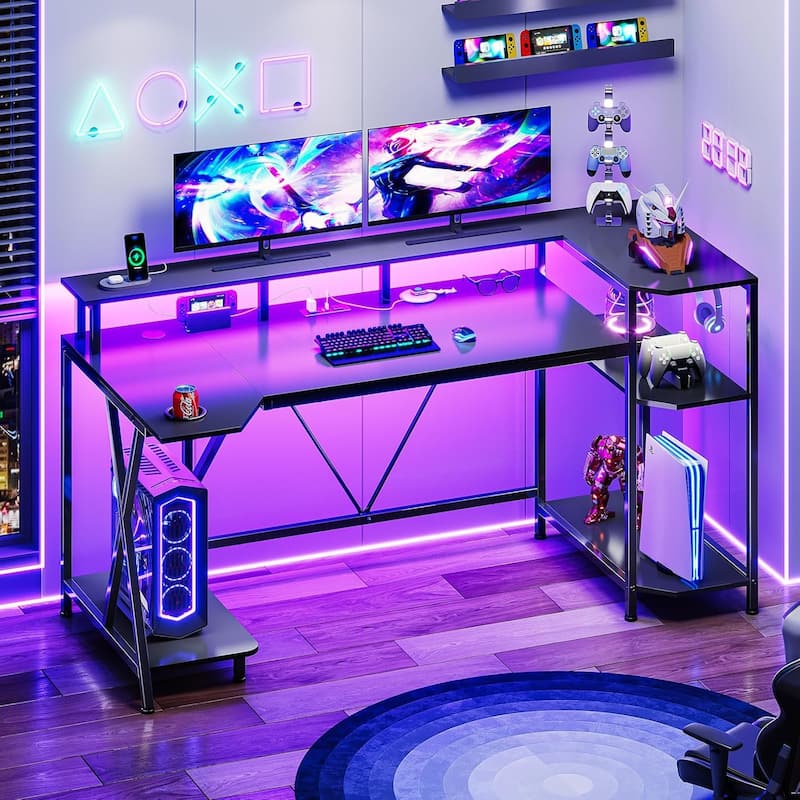 PC Gaming Desk Power Outlets Computer Desk LED Lights Storage Shelves