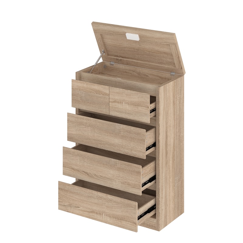 Wood Grain Nightstand,5 Drawers + 3 Hidden Spaces + Flip - Up Top,for Bedroom Privacy