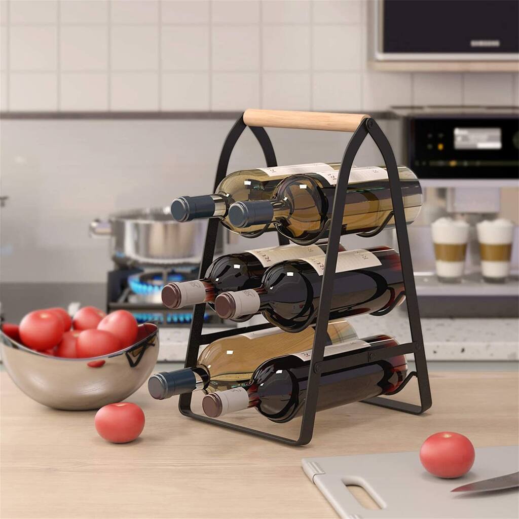 6 Bottle Metal Wine Rack with Wood Handle for Countertop - Overstock ...