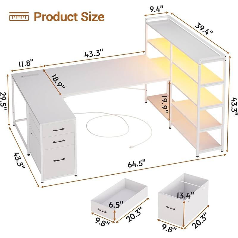 L Shaped Desk Gaming Desk 3 Fabric Drawers 5 Storage Shelves