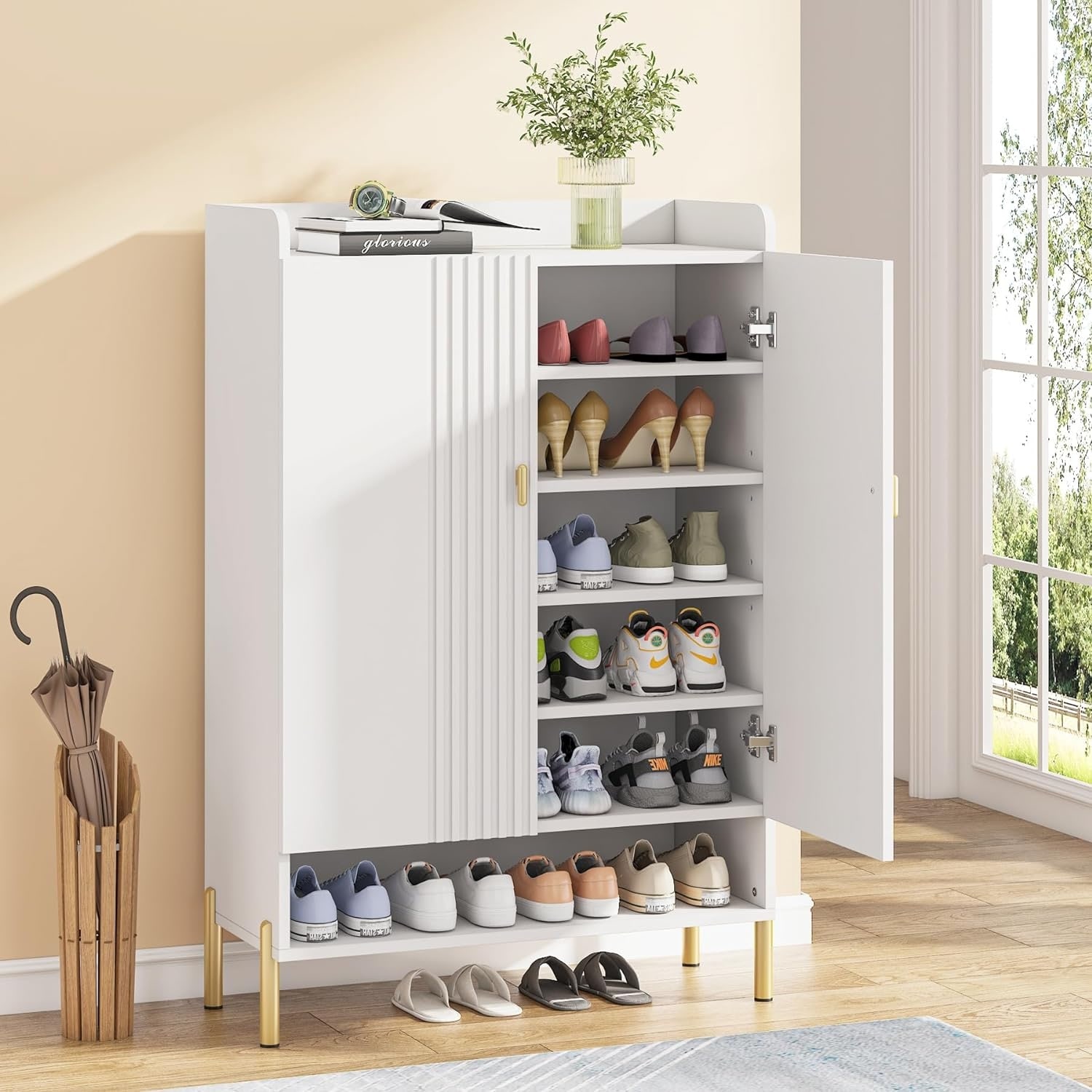 Shoe Cabinet Storage Entryway, Slim 6-Tier Shoe Organizer Cabinet - Beige