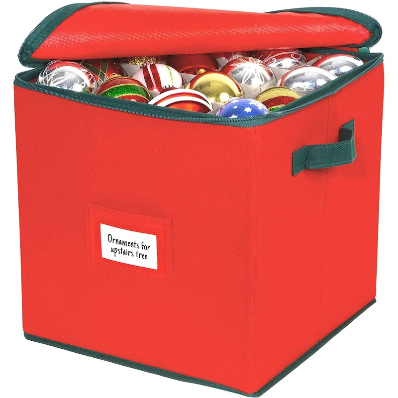 Christmas Ornament Storage Container – Fits up to 64 Ornaments 3” x 3” – Durable Xmas Ornaments Box - Adjustable Compartments
