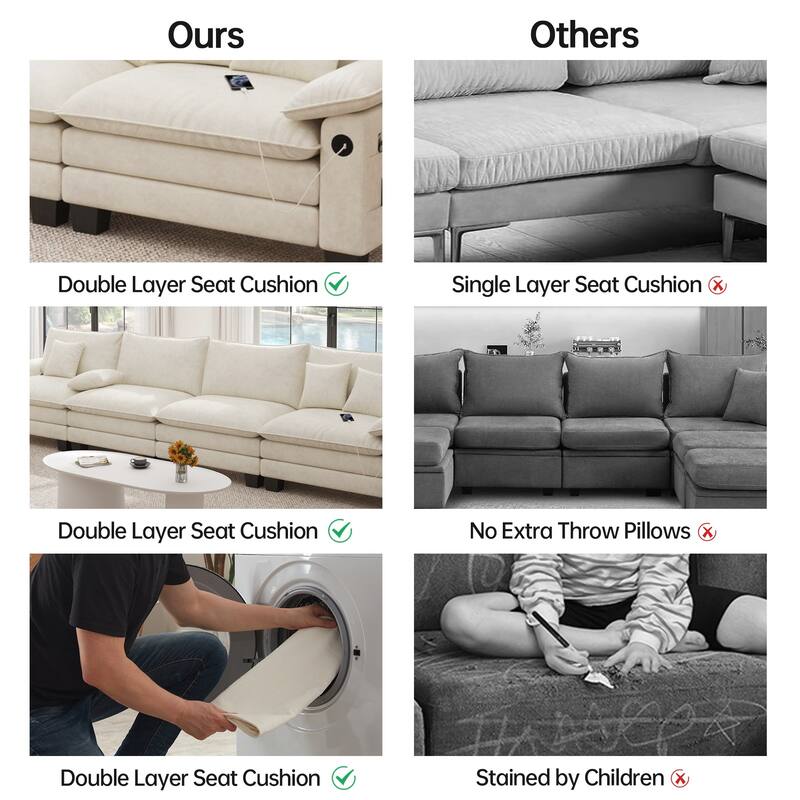 144" Modular Compression Sofa Set Convertible Sectional Sleeper Couch with 2 Ottomans