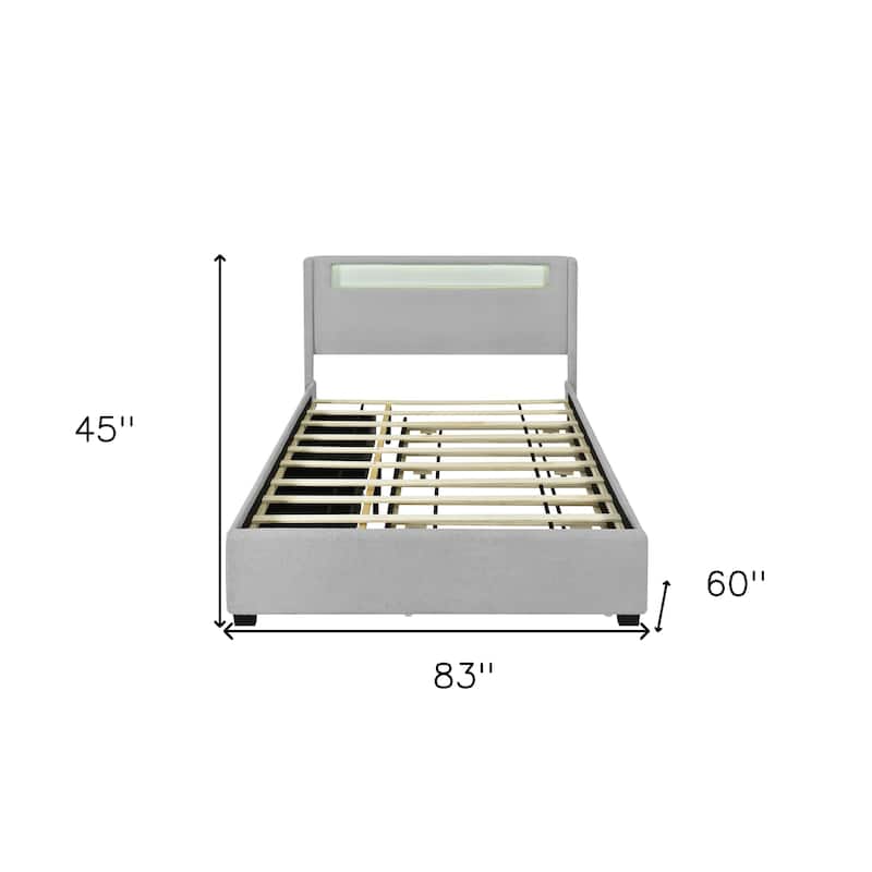 HomeRoots Light Gray Tufted Boucle Lighted Full Bed Frame With Trundle And USB And Drawers