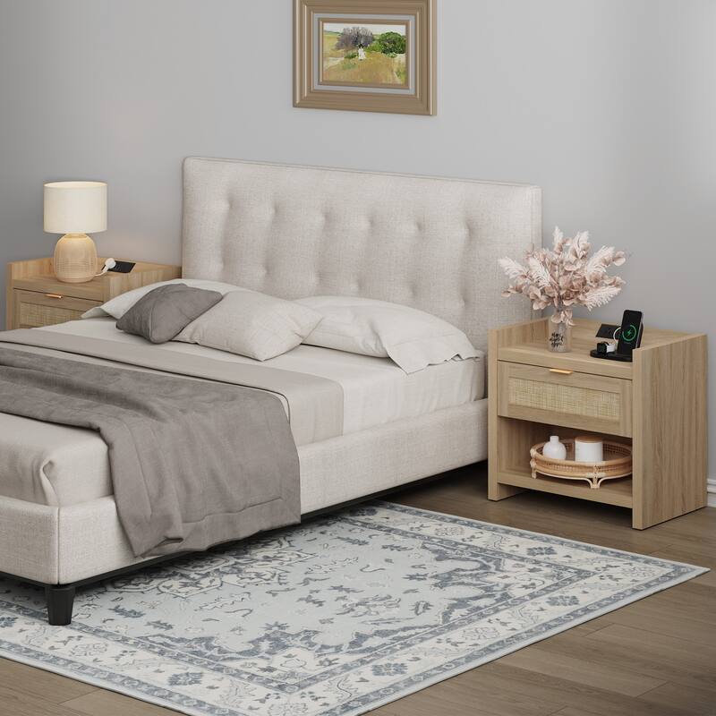 Farmhouse Nightstand with Charging Station and Drawers