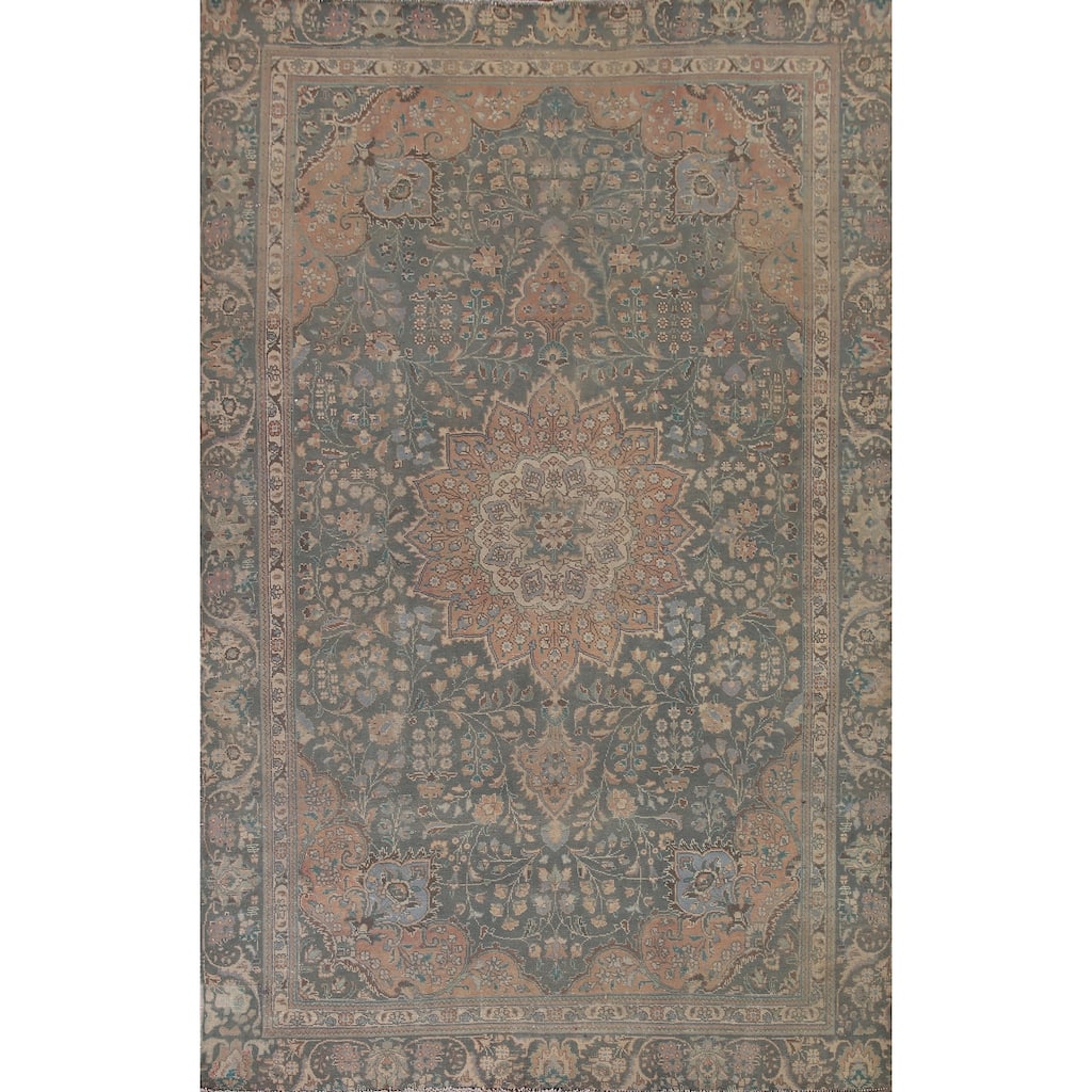 Green Tabriz Persian Vintage Area Rug Hand-knotted Wool Carpet - 6'5" x 8'11"