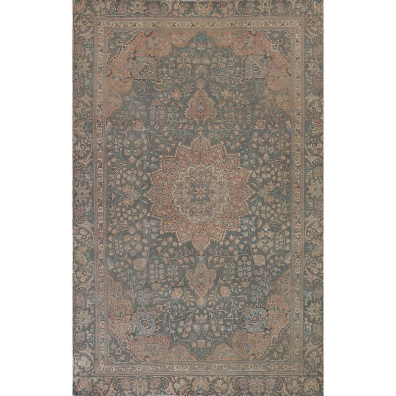 Green Tabriz Persian Vintage Area Rug Hand-knotted Wool Carpet - 6'5" x 8'11"