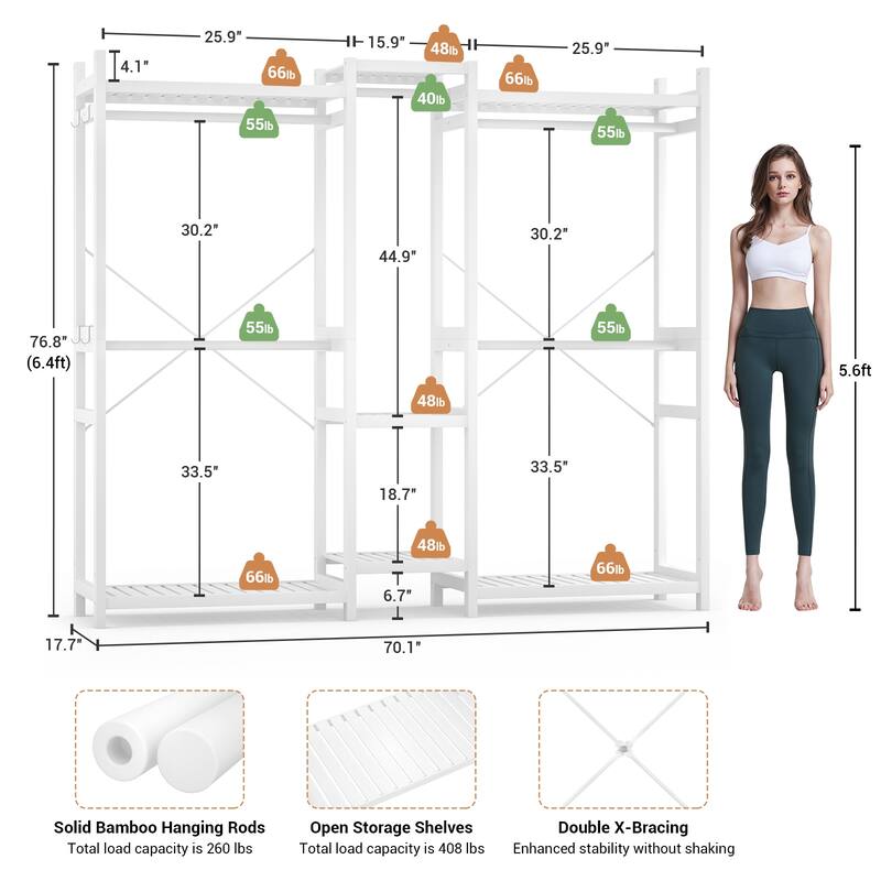 Bamboo Closet System Clothes Rack, Large Freestanding Garment Rack Clothing Rack for Hanging Clothes