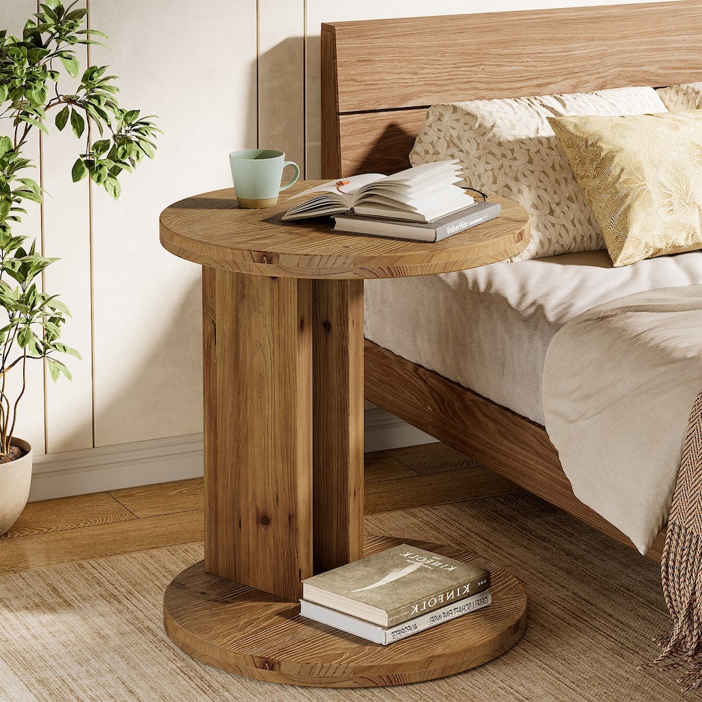 19.68" Round C-Shaped Solid Wood Nightstand
