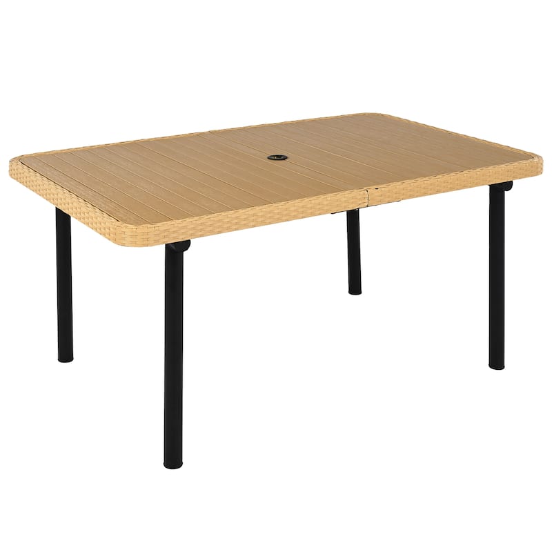 59" Outdoor Patio Dining Table, Polywood Tabletop with Umbrella Hole, Iron Legs, Rectangular Dining Table for Garden