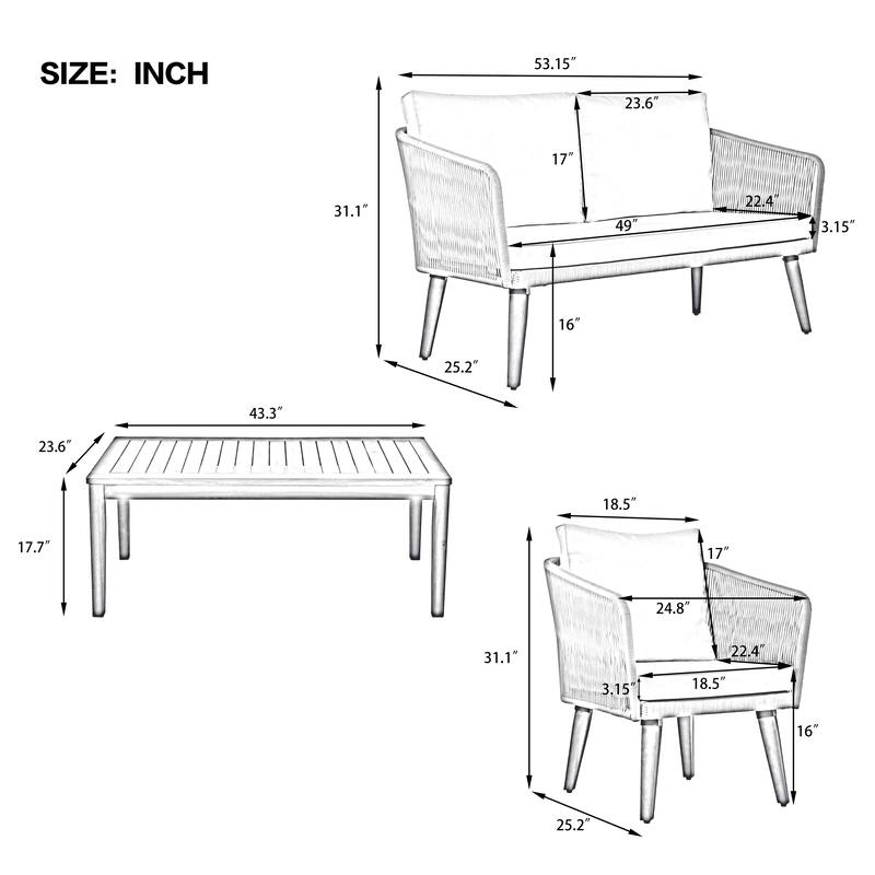 4-Piece Outdoor Rope Patio Conversation Set with Loveseat and Acacia Wood Table, Weather-Resistant Cushions and Metal Frame