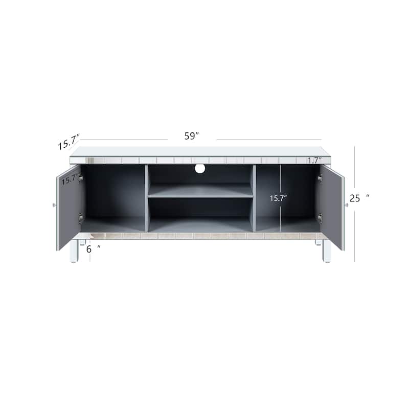 59" Mirrored TV Console, Silver Entertainment Stand with Diamond-Inlay Doors, Glass Finish, Open Shelves & Cabinets