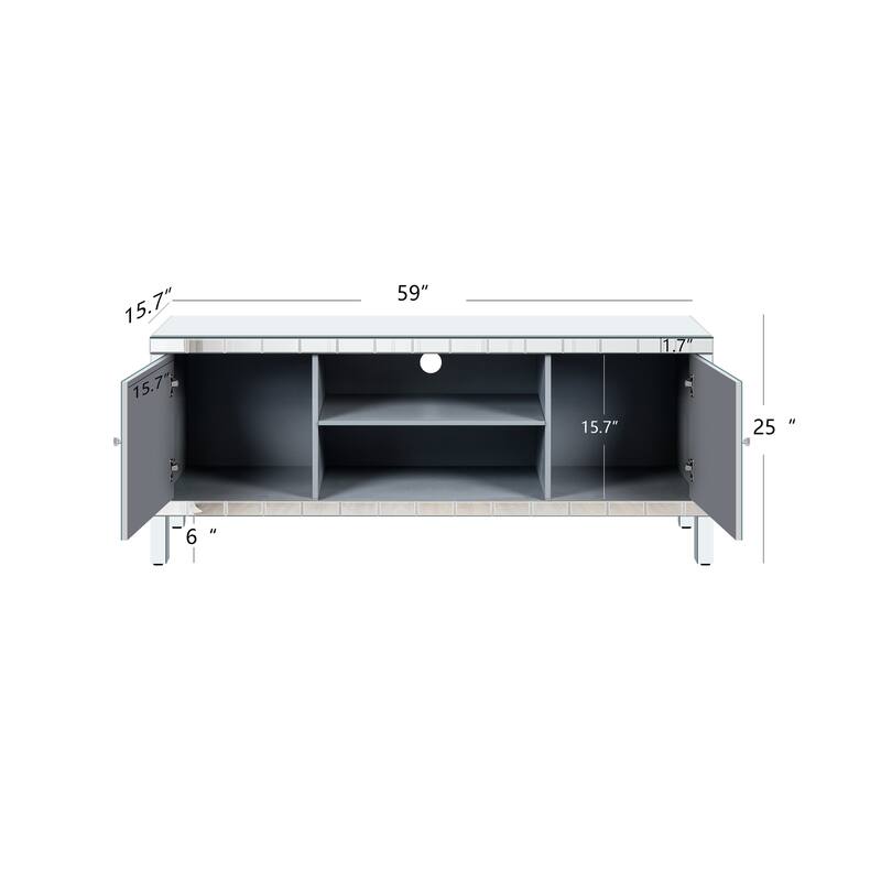 Roomfitters 59" Mirrored TV Stand for TVs up to 65", Silver Media Console with Diamond Sparkle Doors & Open Storage
