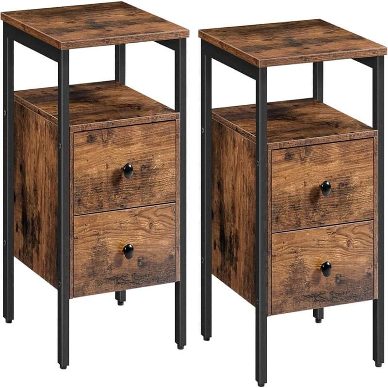 End Tables Set of 2 - Rustic Brown+black - 2-drawer