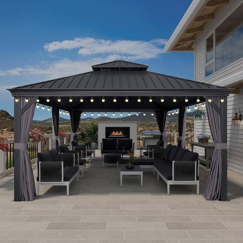 PURPLE LEAF Outdoor Galvanized Steel Hardtop Gazebo, Aluminum Frame Gazebo With Curtains and Light