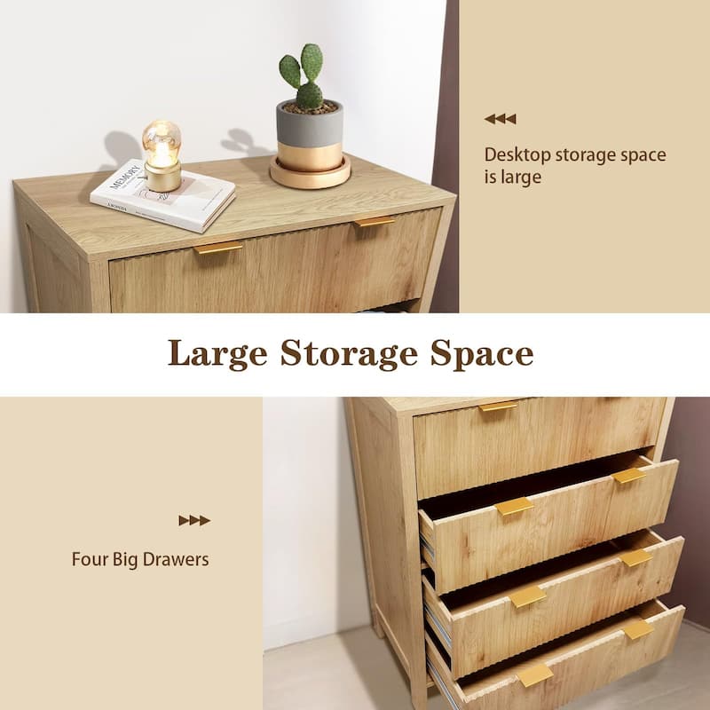 4 Drawer Fluted Dresser for Bedroom, Modern Wood Chest with Gold Handles, Narrow Storage Cabinet or TV Stand